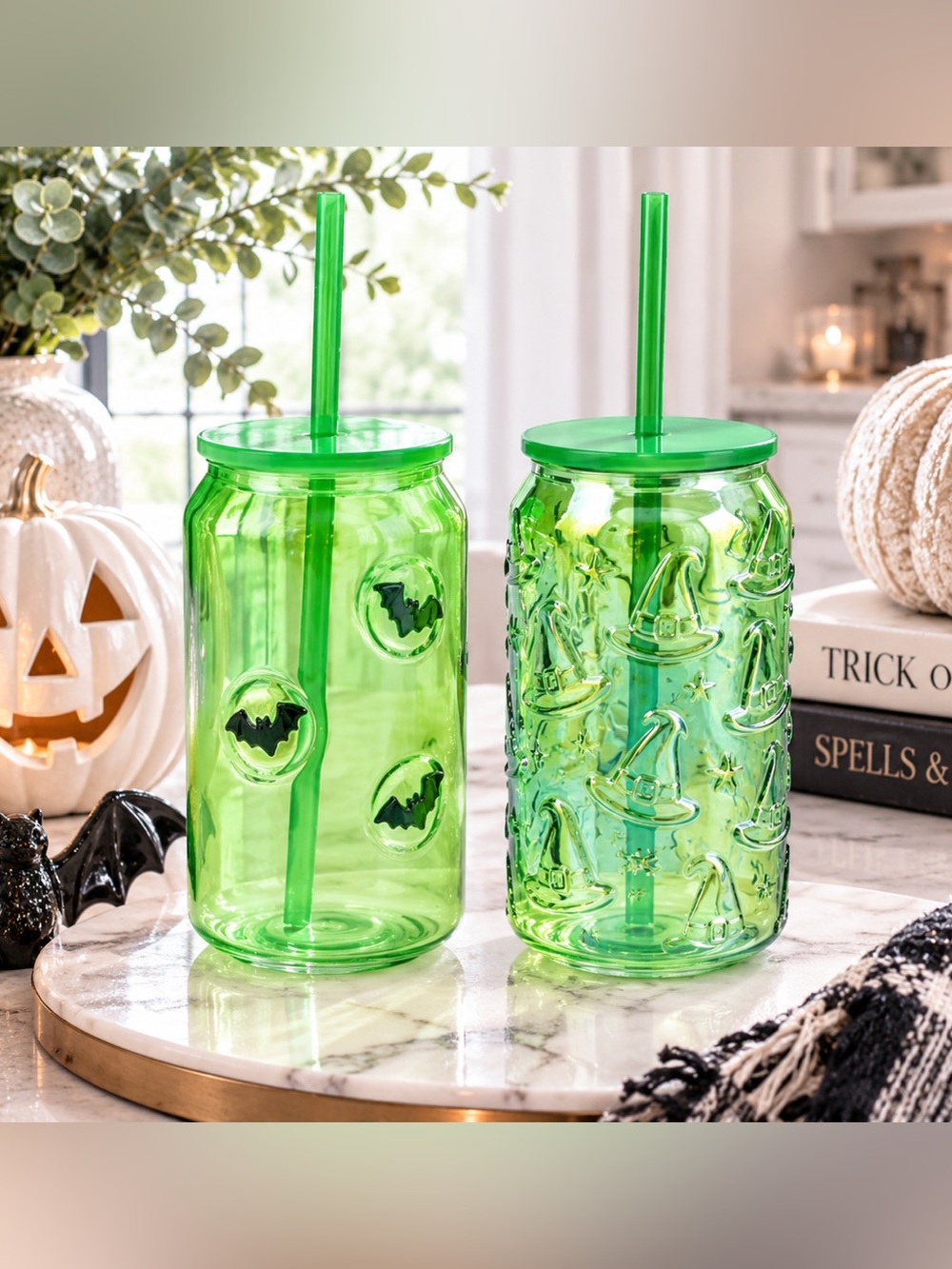 Green Halloween Witch Hat & Bat Embossed Tumbler with Straw Set of 2